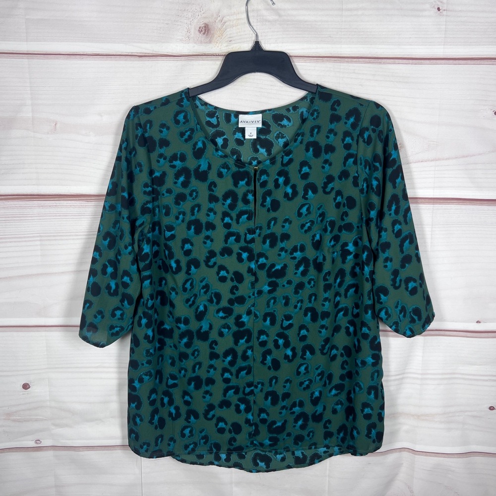 AVA & VIV Leopard Print Blouse Women X 0X Green 3/4 Sleeve Keyhole Neck Pullover